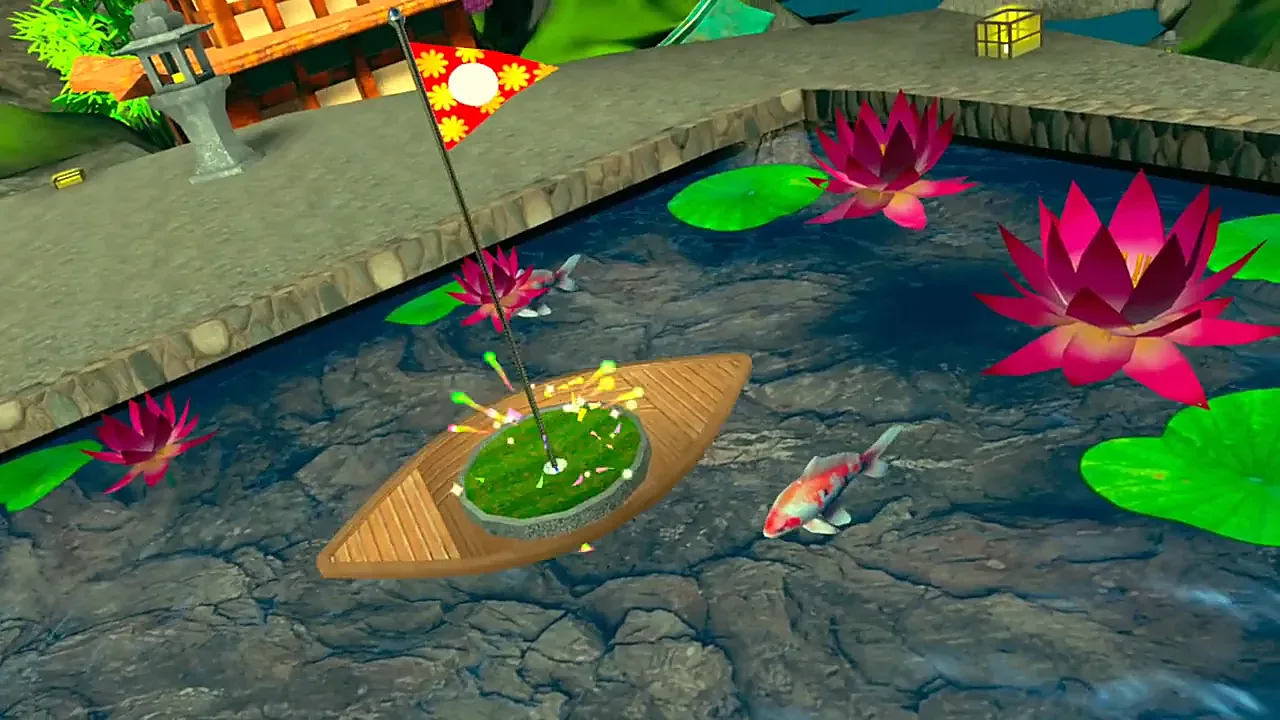 The ball lands in a cup on a small boat in a zen garden pond, with confetti
