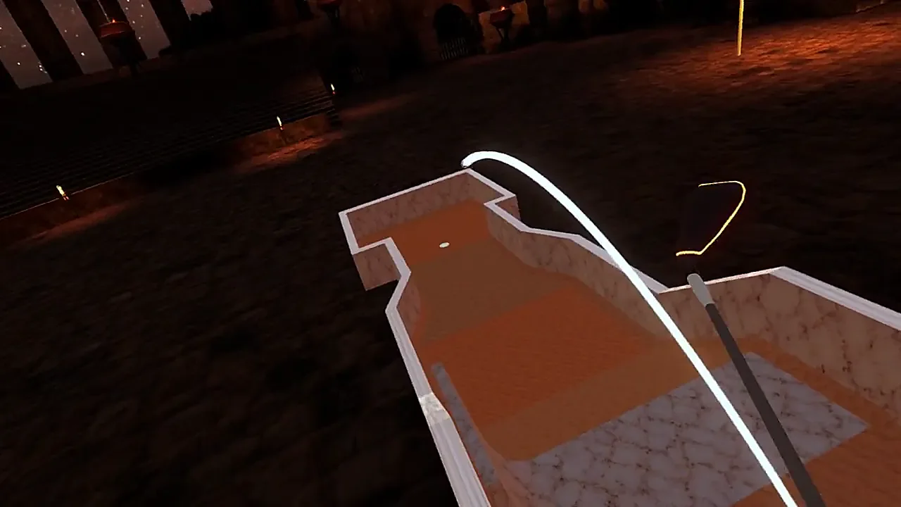 A putt arcs into the hole on a stone course at night, with confetti