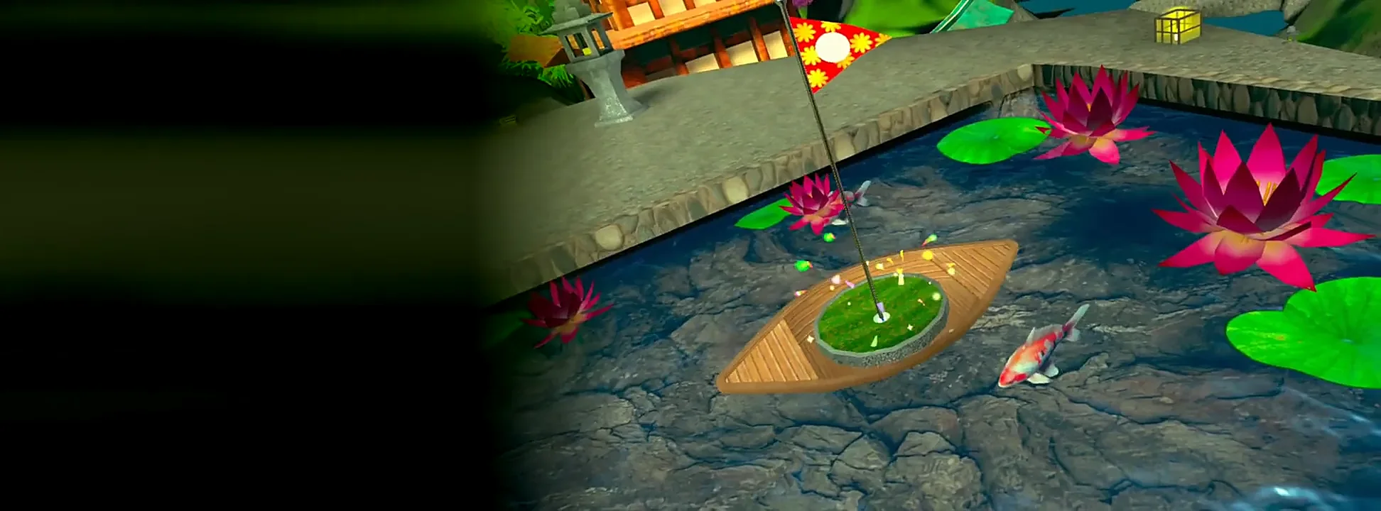 In the Zen Garden, the ball arcs into a cup on a small boat in the pond and confetti bursts
