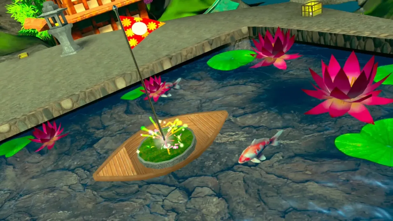 The ball drops into a cup on a small wooden boat in a zen garden pond, with confetti