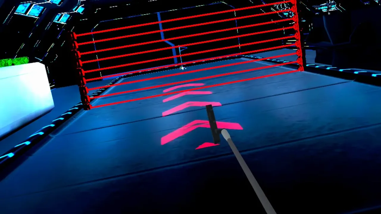Ball rolling toward a red laser gate on a space-station course, putter in view