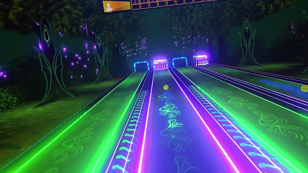 A ball rolls down a neon lane in the Sylvan Strikes forest arena