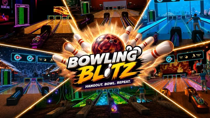 Bowling Blitz cover art: themed bowling alleys around the Bowling Blitz logo and a ball scattering pins