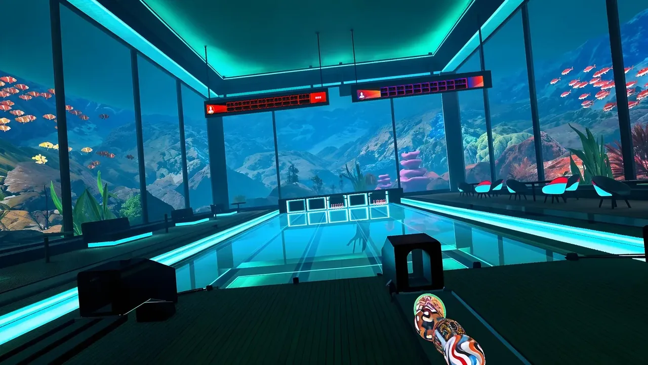 An aquarium bowling alley with fish behind the glass