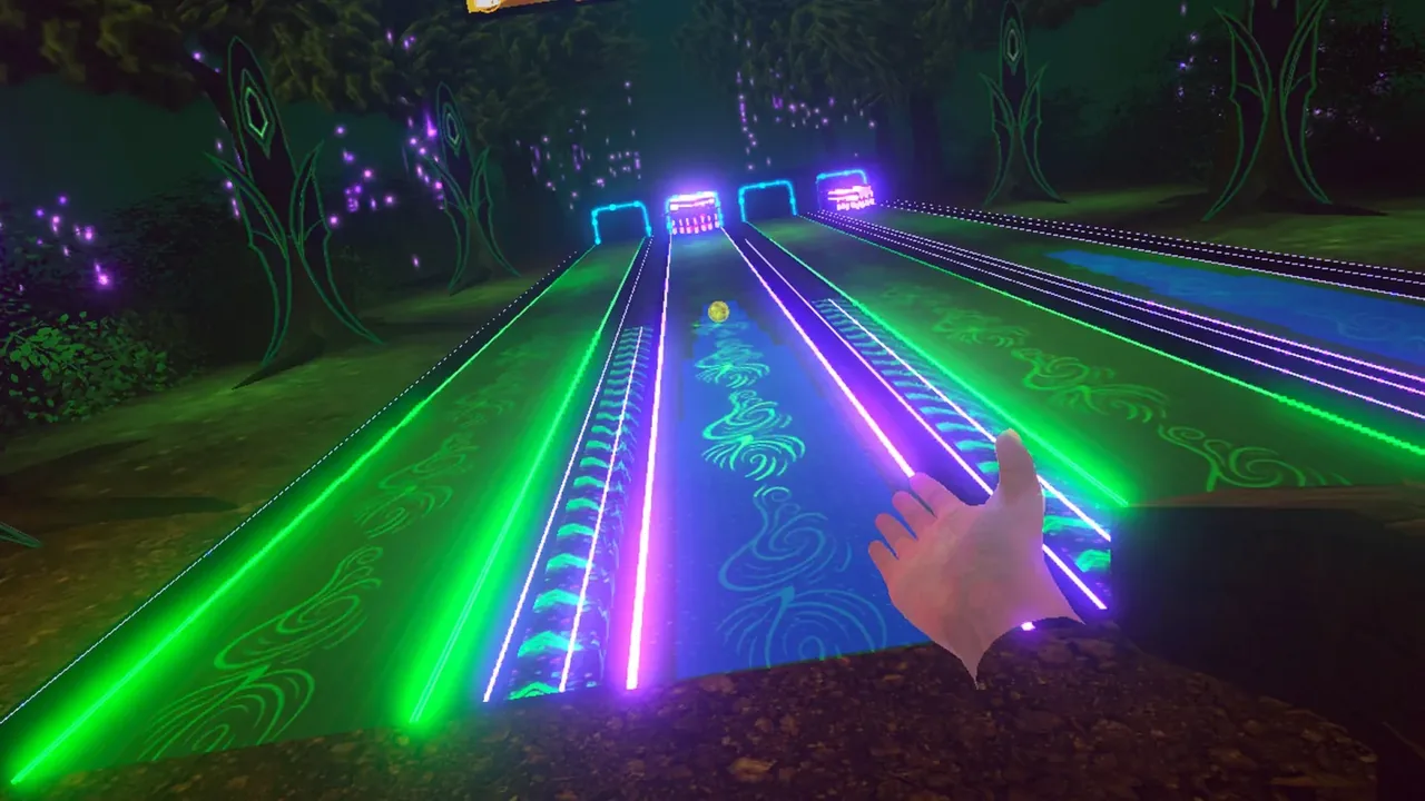 A neon forest bowling lane, the player's hand in view