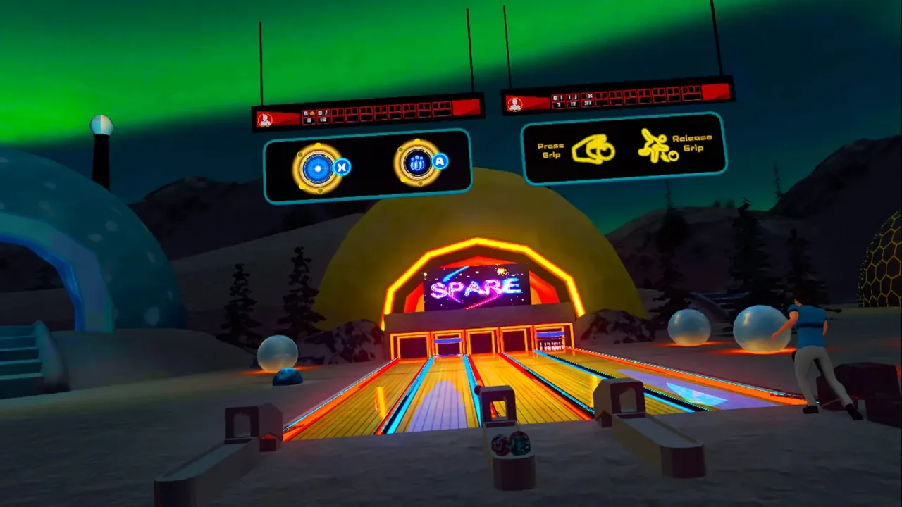 An igloo bowling alley with another player bowling and a SPARE sign