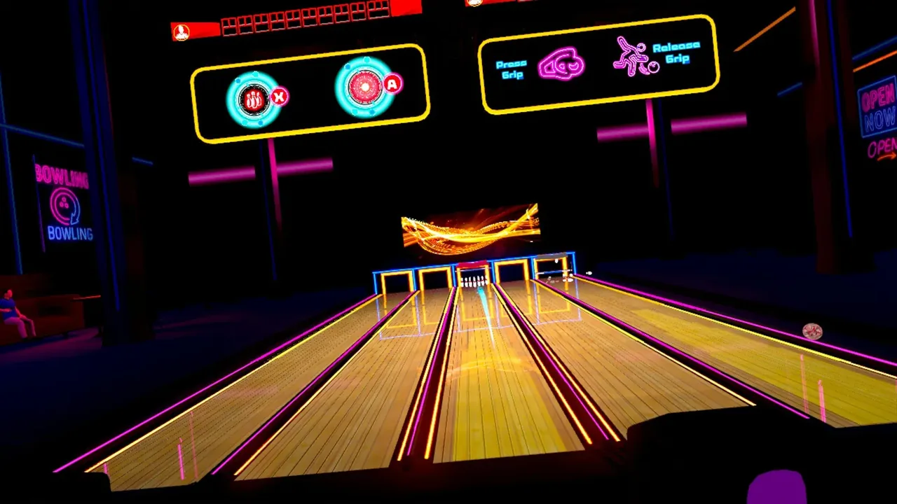 A neon bowling alley with a flaming strike graphic