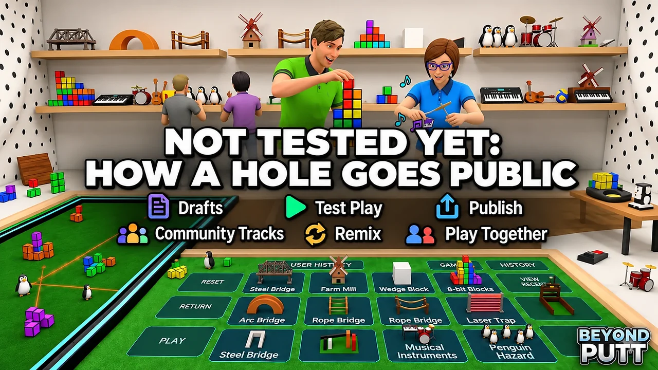 Not Tested Yet: how a hole goes public. Two players build a course in Creator Mode; the steps read Drafts, Test Play, Publish, Community Tracks, Remix, Play Together
