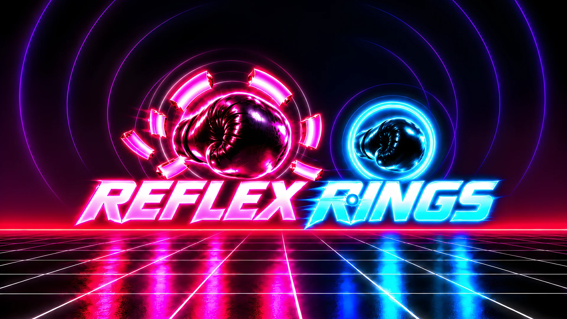 Reflex Rings key art: a magenta glove punches through a shattering magenta neon ring beside a cyan ring, above the title, over a glowing grid