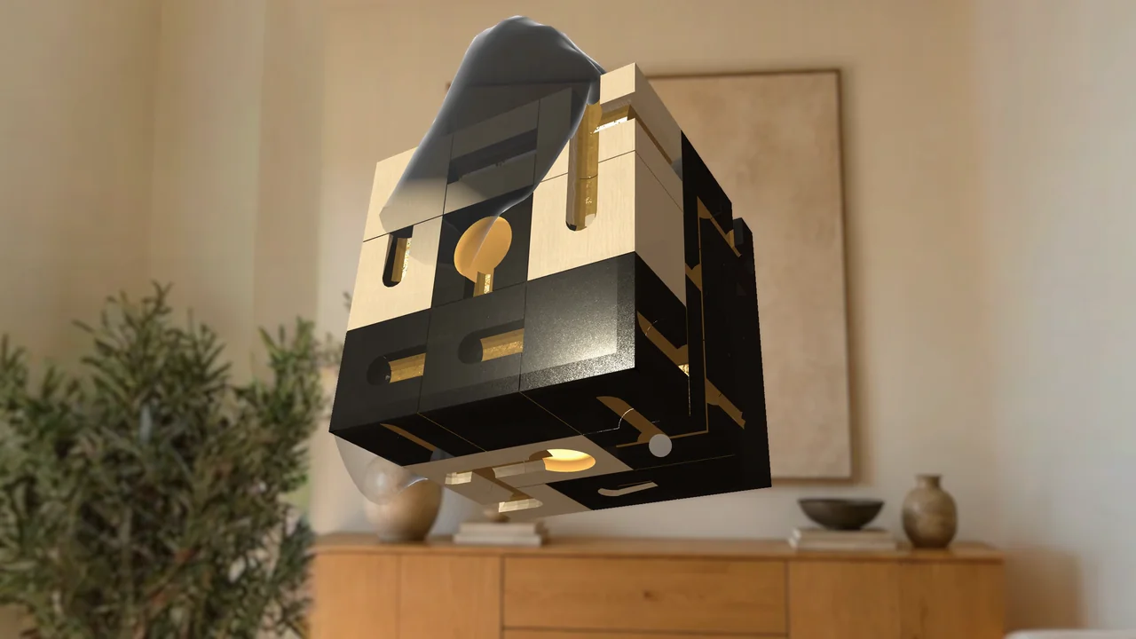 A cream-and-black puzzle cube tilted in two hands shows two glowing holes and two marbles; one hand turns the top layer