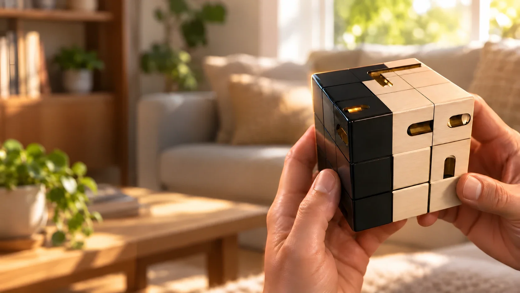 Hands holding the Twist & Roll cube in a sunlit living room: light and dark wooden blocks with gold-lit grooves