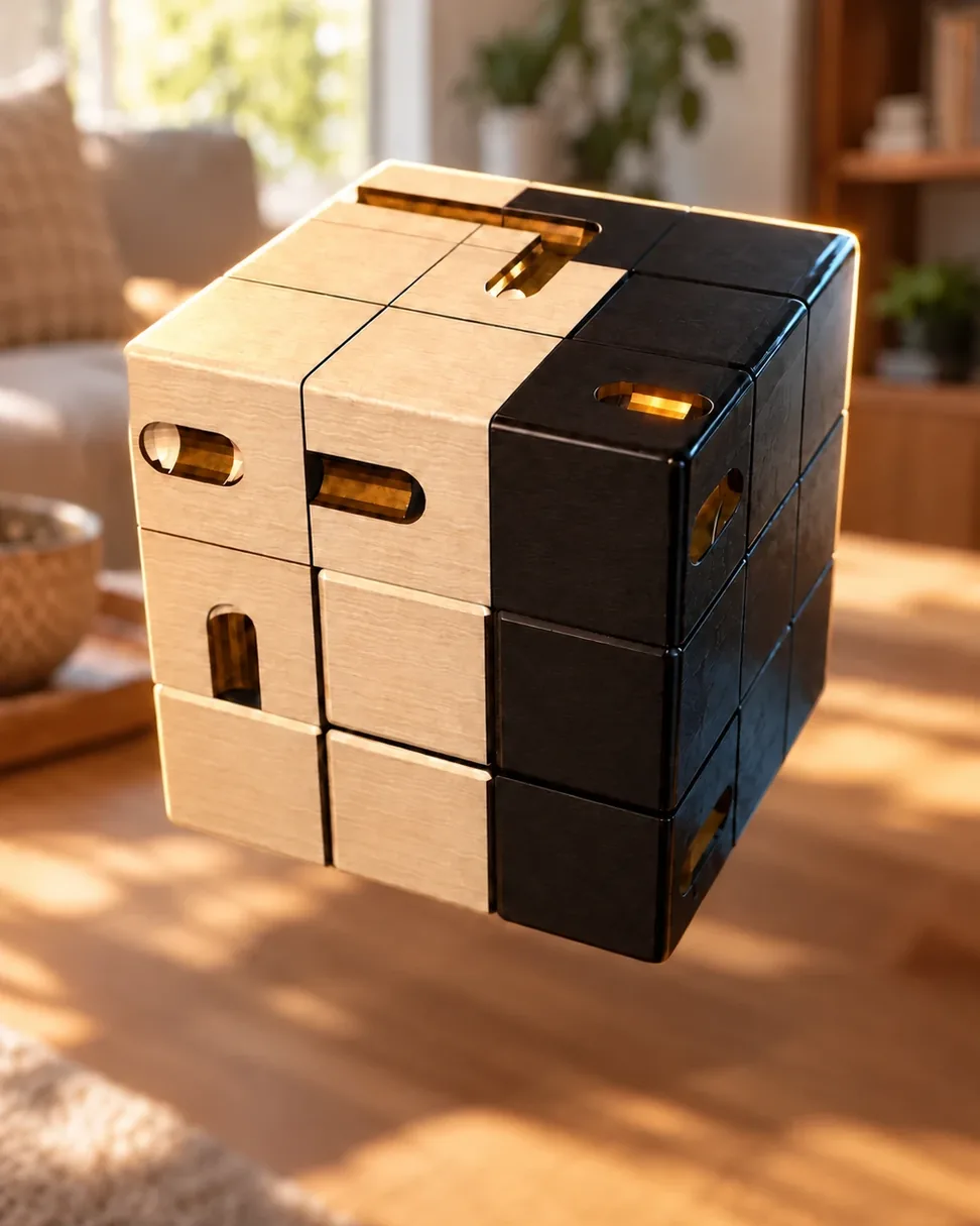 The Twist & Roll cube floating above a wooden floor: light and dark blocks with gold-lit grooves